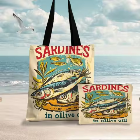Sardine in Olive Oil Art Tote Bag, Beach Bag with Makeup Bag Multi-functional Shopping Bag, Shoulder