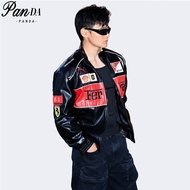 PANDA Leather Jacket For Men F1 Ferrari Riding Jackets Black Embroidered Leather Coat With Zipper