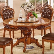 HY/🏮European-Style round Table Marble Dining Tables and Chairs Set Wood Carved round Table Home Dining Table Full Set Lu