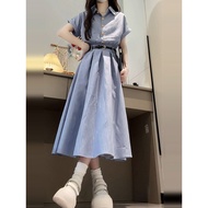 Ord- Short-sleeved blue striped shirt dress, 120cm long, flared A, student dress for the office, 4 s
