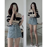 Áo len kẻ polo cộc tay - Áo croptop nữ len dệt kim dáng rộng tay ngắn kiểu cổ đức phong cách Hàn Quố