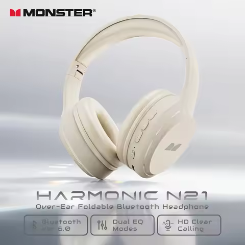 Monster Harmonic N21 Bluetooth 6.0 Headphones Call Noise Reduction Headset Powerful Deep Bass Over-E
