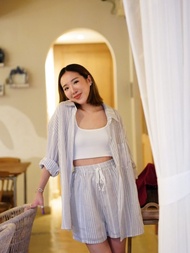SLAY. Bagel Strip Linen Set เซ็ทเสื้อเชิ้ตและกางเกงขาสั้นผ้าลินิน(ซับในทั้งตัว)