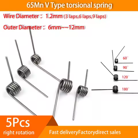 5Pcs 65Mn torsional spring 1.2mm Wire Diameter V Type Spring 6mm - 12mm Outside Diameter 60/90/120/1