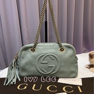 GUCCI 308983 牛皮灰藍綠色 soho 銀鍊 流蘇 肩背包/手提包 二手精品