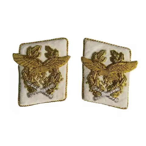 WWII Luftwaffe Style General Officer Collar Tabs Hand Embroidered Bullion Gold Wire Military Insigni