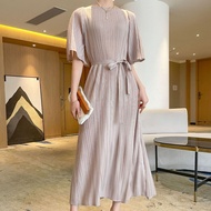 Miyake 2024 Summer Pleated Designer Style Classy Elegant Casual High-End Lace-Up Dress