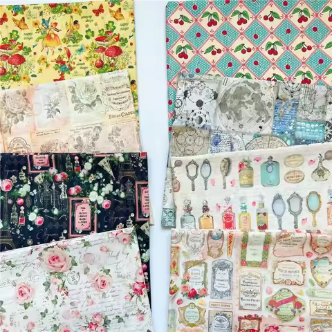 Vintage junk journal Newspaper Fabric Perfume Girl Flower Rose Retro Vintage Digital Printed for Han