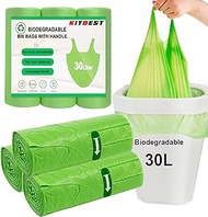 30 L Biodegradable Bin Liners with Handle, Kitbest 60 Compostable Green Bin Bag for Food Waste, Medi