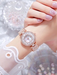 Dom 1入女士優雅豪華風格防水手錶,錶盤和錶帶上鑲有人造鑽石