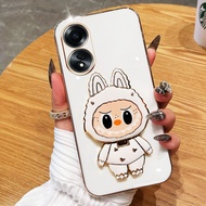 Casing for Oppo A18 A38 A58 A78 4G 5G A58X Cute 3D Labubu Mirror Stand Bracket Silicone Anti Drop Pr