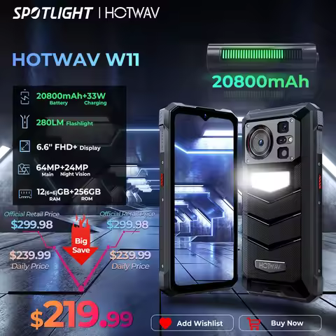 [World Premeire] HOTWAV W11 Rugged Phone 20800mAh 280LM Flashlight 6.6'' FHD+ Smartphone 33W 24MP Ni