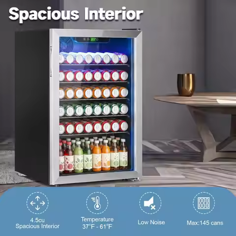 4.5 Cu.Ft 145 Can Mini Beverage Refrigerator Glass Door Digital Display For Drinks Soda Beer Wine, C
