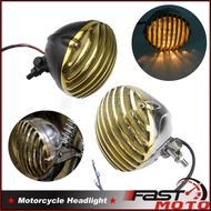 Mf Vintage Retro Motorcycle Scalloped Headlight 5" Custom Brass Grill Headlamp For Cafe Racer Bobber
