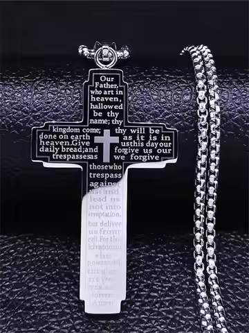 1pc Stainless Steel Cross Pendant Engraved Bible Necklace For Men Women Catholic Prayer Lucky Amulet