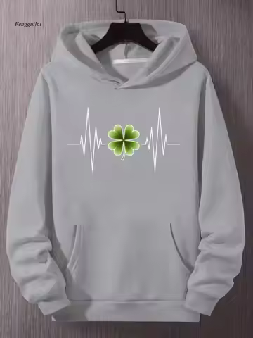 Glowing ECG Pulse & Four-Leaf Clover Hoodie - Heartbeat Monitor Print Hooded Sweatshirt, Green/White