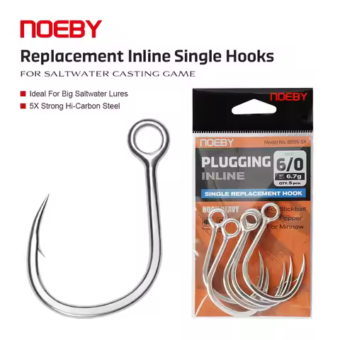 Noeby Replacement Inline Single Hook 5X Strong Hi-Carbon Steel for Big Saltwater Lure Casting Game H