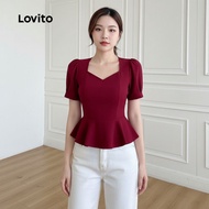 Lovito Blaus Wanita Elegan Hem Beropol Musim Bunga/Musim Panas Claret L165ED633