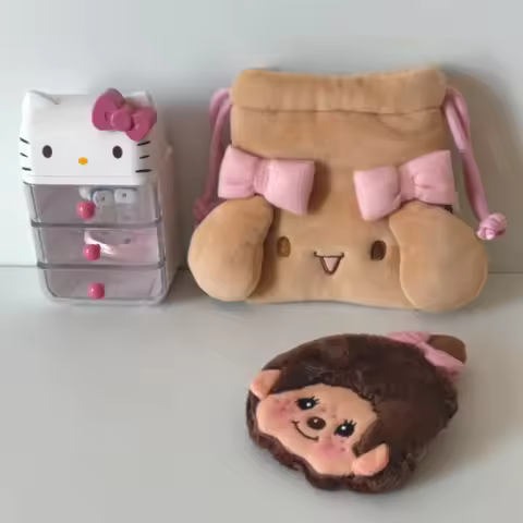 Sanrio Mocha Brown Rabbit Plush Pocket Storage Bag kawaii Black Furred Cinnamoroll Cartoon creative 