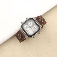Dây da thay thế đồng hồ Casio AE1200 da bò sáp nâu Ngựa Rivet Handmade