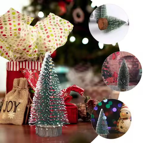 7Pcs Mini Christmas Trees Realistic Snow Coated Decorative Xmas Trees Wooden Base Tabletop Home Fest