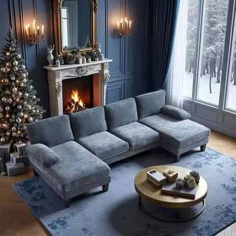 Ocean Blue 4-Seat U-Shaped Sectional Sofa with Double Chaise, Corduroy Fabric Living Room Furniture 