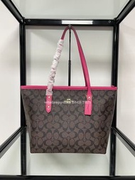🎀Brand New Free Shipping💙Coach 購物袋 F58292 經典C字logo tote手提包 塗層帆布皮革｜Color 深啡色配粉紅色｜Size 39x27x14💙配件全齊適合