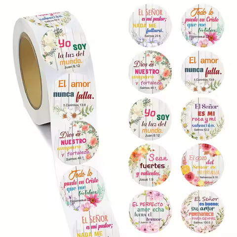 500 PCS Spanish Bible Verse Stickers Roll - Floral Christian Scripture Round Labels for Envelopes, G