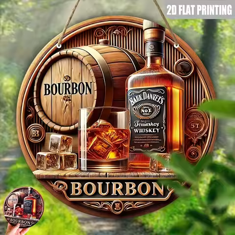 2D Flat, 1pc Vintage Bourbon Whiskey Wall Art Decor Sign - 8"x8" Circular Recycled Wood Rustic Bar D