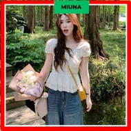 Miuna puff-sleeved shirt with cut-out waist, women'sshort sleeve shirt with square neck, drawstring,