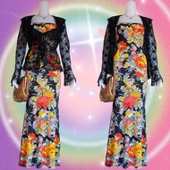 VINTAGE 00S/Y2K FLORAL PRINT TUBE FITTED MAXI DRESS & DAINTY DARK COQUETTE LACE RUFFLE FLORAL EMBROI
