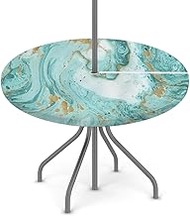 Turquoise Marble Texture Outdoor Round Tablecloth with Elastic Edge, Round Fitted Table Cloth with Umbrella Hole &amp; Zipper, Waterproof Table Cover for Dining Party Outdoor Patio, Fits 36-44 in Table