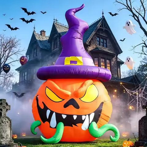 12FT scary Halloween inflatable Pumpkin dress up LED Witch hat pumpkin with tentacles for Haunted ho
