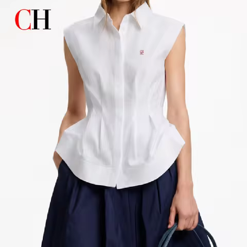 CH Women's Sleeveless Button Down Shirt Collared Fitted Blouse Top Solid Color For Office Business C