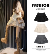 Skirt berlipat bulu putih untuk wanita, skirt A-line berpinggang tinggi baharu musim luruh/musim sej
