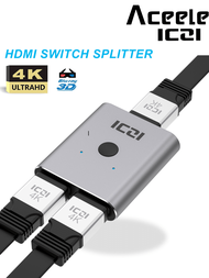 Aceele Iczi Hdmi 開關,4k@60hz Hdmi 選擇器開關,hdmi 切換器 2 進 1 出,hdmi 開關分配器,鋁製 Hdmi 2.0 雙向開關,支持 3d、4k、hdr,兼容 Ps4/xbox、dvd Fire Stick 高清電視