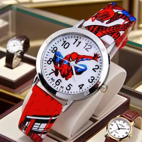 Disney Spiderman Children's Watch Anime Figures Student Quartz Watch Avenger Toys Spiderman Leather 