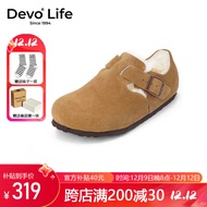 Devo Life的沃软木鞋休闲冬季毛加绒内里保暖包头软木包头女鞋66008 黄棕反绒皮+白毛 37