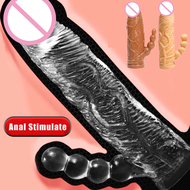 Double Anal G Spot Crystal Extender Penis Sleeve with Spike and Bolitas for Men Wearable Hollow Dildo Penis Crystal Sleeves Reusable Dick Cock Enlarger Penis Sleeve Sex Toys For Men