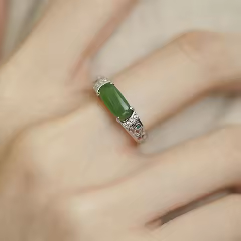 silver 925 inlaid color diamond hollow out natural Hetian jade rings for women retro fashion square