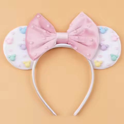Disney 3.3"Velvet Ears Headband With Pearls Girls Bow Hairband Festival Party Cosplay DIY Hair Acces