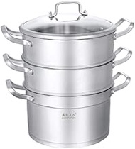 DPWH 304 Stainless Steel Steamer 3 Layers, Household Soup Pot Steamer Double Bottom Thick Three-layer Pot Non-stick Pot silver (Color : Silver, Size : 26cm)