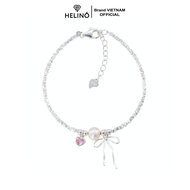 Lắc tay bạc nữ HELINO hạt bạc vỡ mix charm nơ trái tim hồng và ngọc trai lấp lánh xinh xắn V39