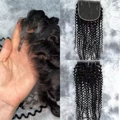 Brazilian Kinky Curly 4x4 Lace Closure Pre-Plucked Natural Color Remy Hair 10-18 Inch Full End Trans