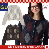GU Puff Knit Argyle Crew Neck Cardigan【Direct from Japan】