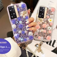 Case OPPO A78 5G A77s A17 A17K A57 2022 A78 5G A96 A76 A95 Case A55 A95 A74 5G A54 Bling Glitter Phone Case Shiny Rhinestone Rose Butterfly Phone Case with pearl chain