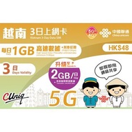 3張免運費｜包平郵｜中國聯通 -【越南】每日首2GB高速 5G/4G 無限上網卡數據卡SIM咭