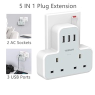 Double Plug Adaptor with 3 USB, TESSAN 2 Way Plugs Extension Multi Sockets Wall Charger Adapter, 13A UK 3 Pin Power Socket for Home, Office, Kitchen, PC