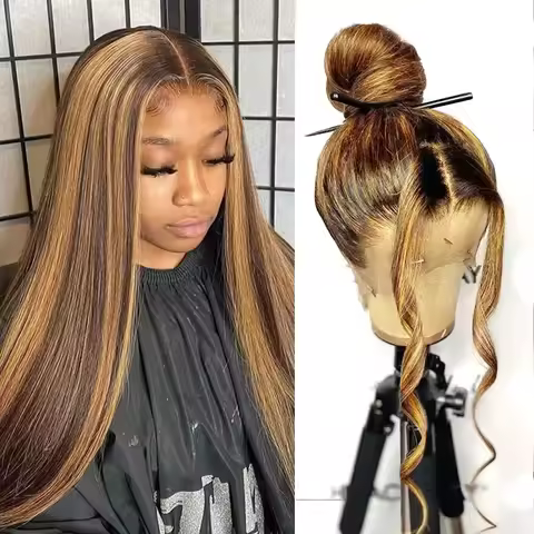 30 42 Inch Straight 360 Full Lace Front Highlight Wig Human Hair 250% Colored 4/27 Honey Blonde Braz