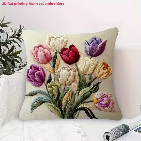 2D flat- Vintage Tulip Floral Throw Pillow Cover 2D Flat Printed Decorative Cushion Case For Home So